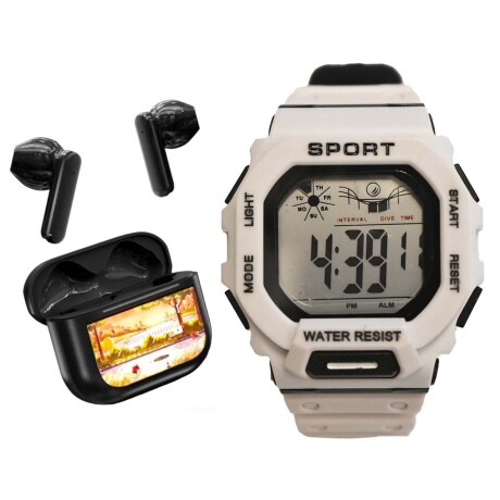 Set Reloj Deportivo Hombre + Auricular YX28 Inalámbrico BT Blanco