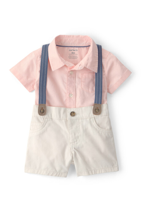 Set dos piezas de algodón, short con tiradores y body camisa rosado Sin color