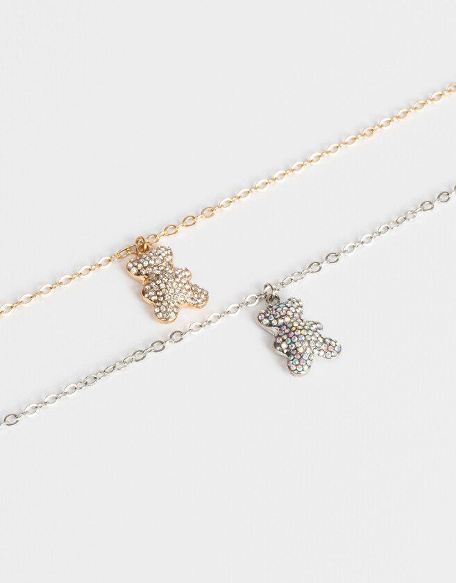 Collares Cortos Animalito Set De Collares Oso Strass - Plateado