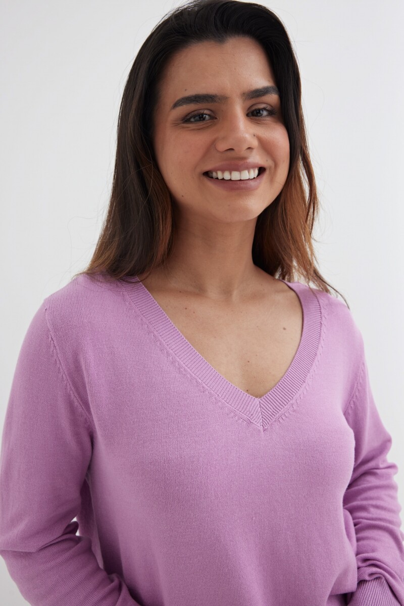 Sweater escote en V liso LILA