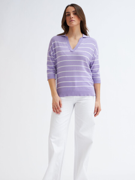 Sweater tejido cuello polo Violeta Con Blanco