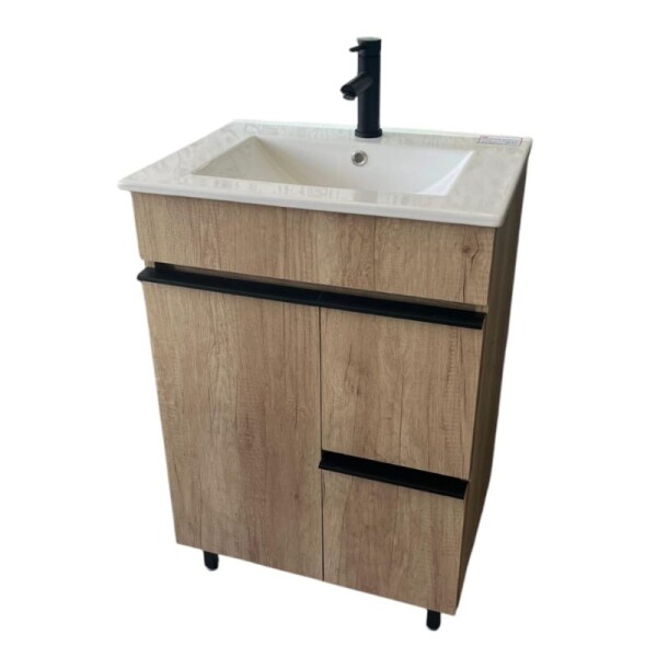 MUEBLE DE BAÑO 60 CM 1 PUERTA + 2 CAJONES - MESADA DE LOZA NEVADA - ROBLE/BLACK MUEBLE DE BAÑO 60 CM 1 PUERTA + 2 CAJONES - MESADA DE LOZA NEVADA - ROBLE/BLACK