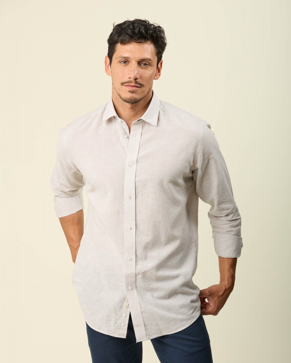 Camisa Lino Algodón Manga Larga Crudo