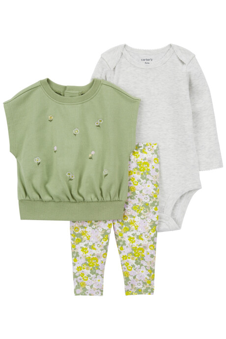Set tres piezas de algodón, chaleco, calza y body diseño floral Set tres piezas de algodón, chaleco, calza y body diseño floral