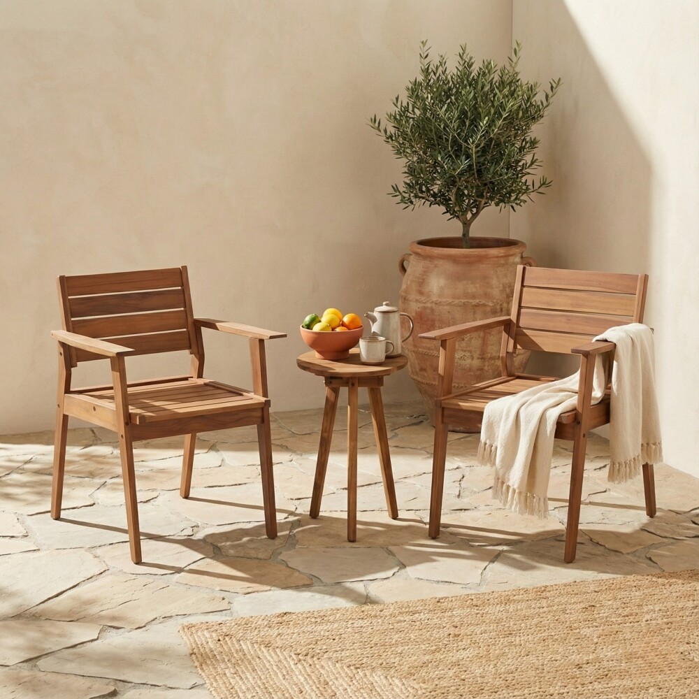 Set de Silla de Patio con Apoyabrazos en Teca Mesa Auxiliar Set de Silla de Patio con Apoyabrazos en Teca Mesa Auxiliar