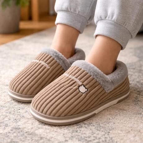 Pantuflas Peluche Unisex Antidesliz Suela Gruesa Invierno Marrón Claro