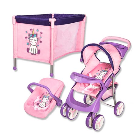 COCHE DE MUÑECAS BEBESIT 4 PIEZAS EN 1 ROSA Y GRIS ROSA-LILA