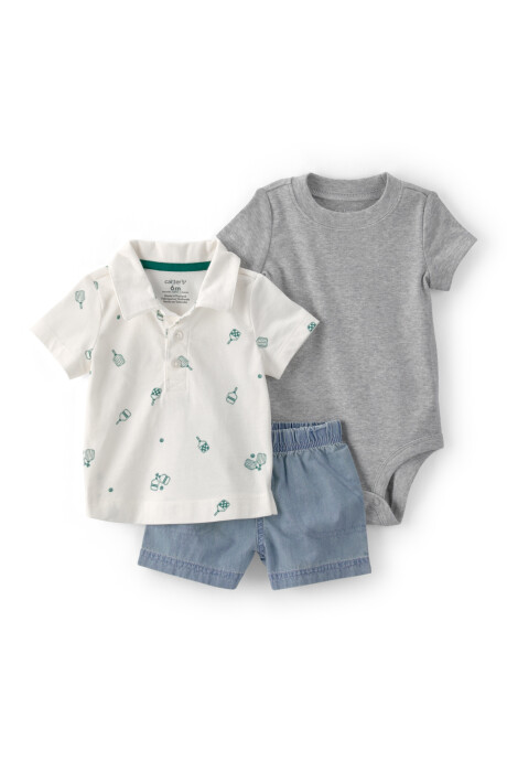 Set tres piezas, short de chambray, remera polo y body de algodón Sin color