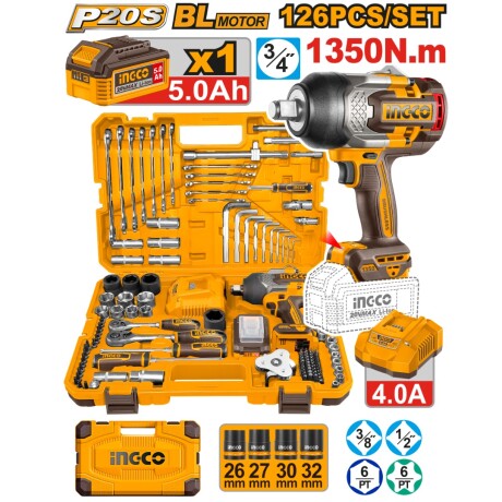 Set Llave De Impacto Ingco Hkthp31261 3/4” 20V Con Batería 001