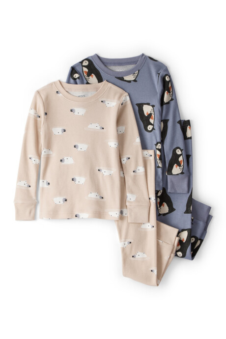 Pijama cuatro piezas de algodón, dos remeras y dos pantalones, diseño pingüinos y osos Sin color