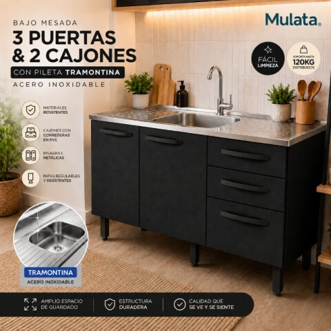 Bajo Mesada 3 Puertas y 2 Cajones con Pileta Central Tramontina Acero Inox - Negro Bajo Mesada 3 Puertas y 2 Cajones con Pileta Central Tramontina Acero Inox - Negro