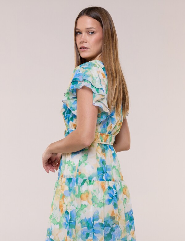 Vestido Midi De Gasa Con Mangas Con Volados MULTI/AZUL