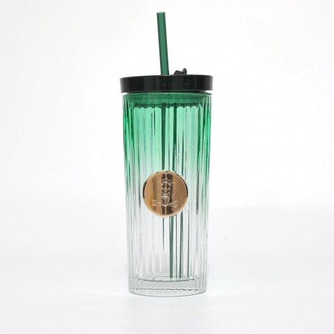 VASO VIDRIO ACANALADO CON PAJITA Y TAPA (VERDE/470 ML) VASO VIDRIO ACANALADO CON PAJITA Y TAPA (VERDE/470 ML)