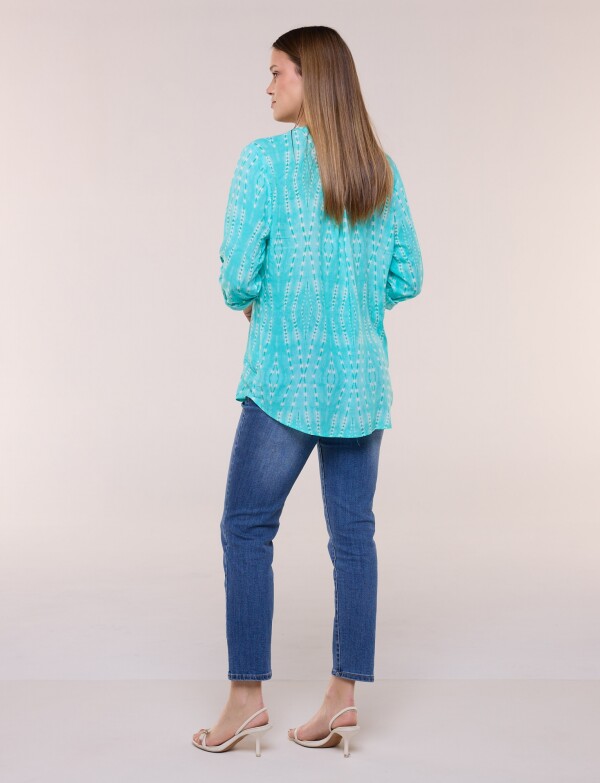 Blusa Estampada Con Escote En V Y Botones VERDE AGUA