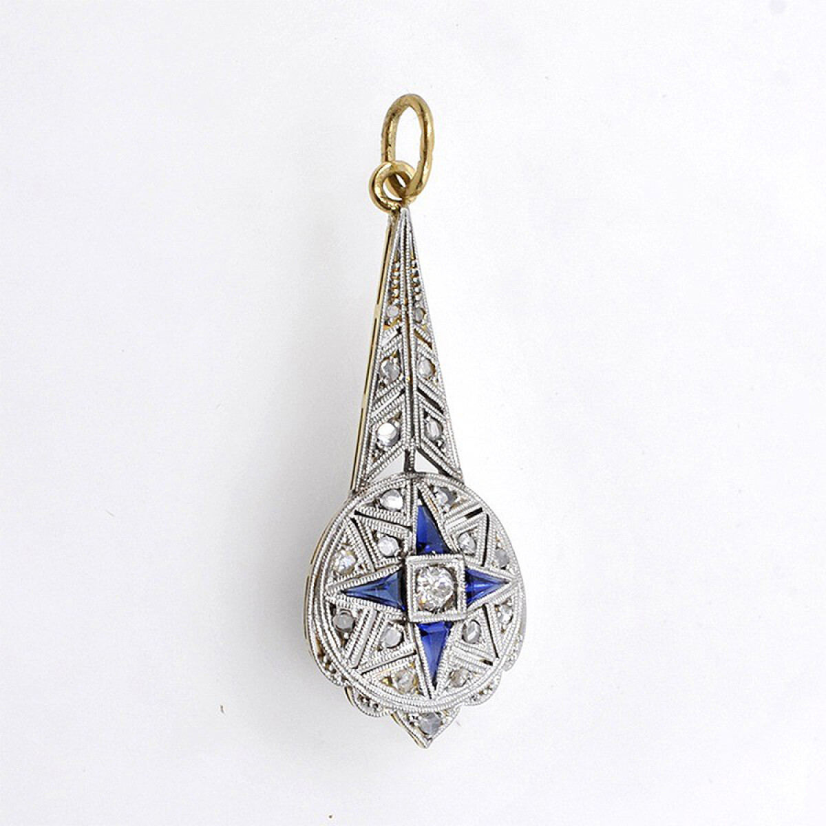 Colgante Antiguo En Oro 18K, Brillantes, Diamantes Y Zafiros Sinteticos 