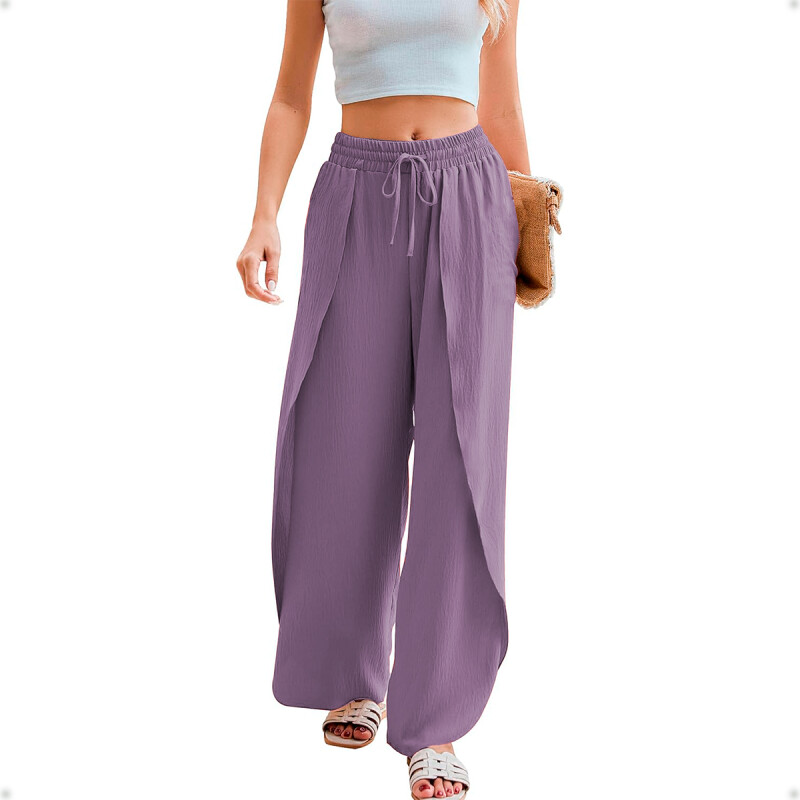 Pantalón Palazzo Elastizado Liso con Abertura Lila