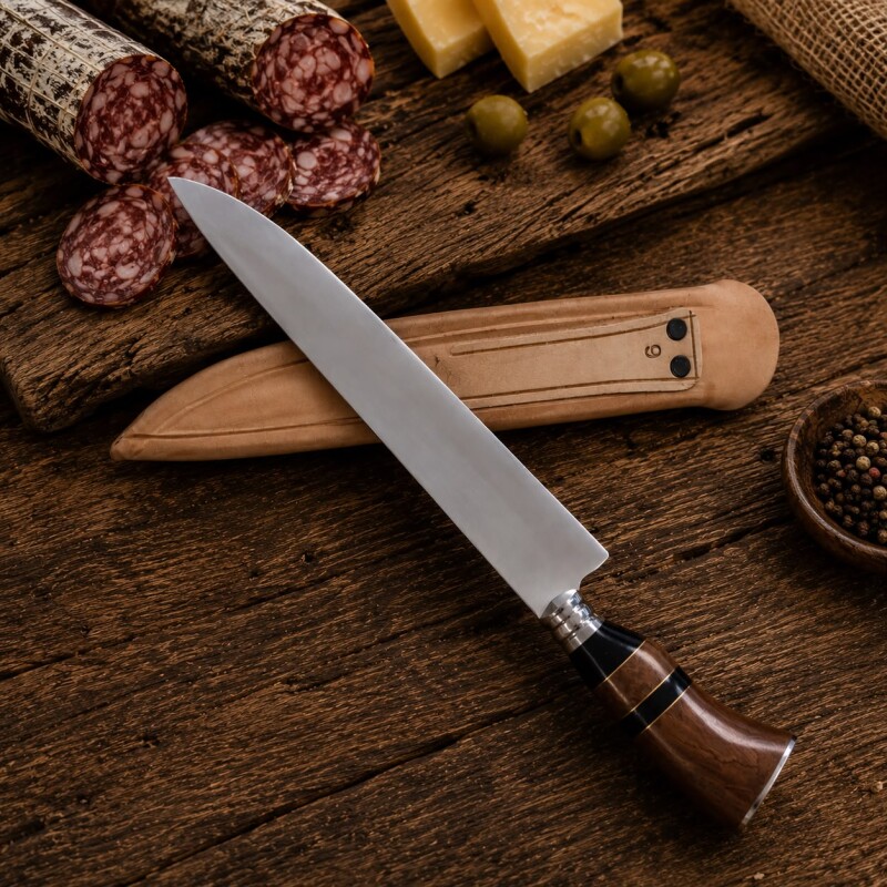 Cuchillo Artesanal Acero de Carbono Mango Madera y Hueso o Guampa y Vaina de Cuero N°9 Cuchillo Artesanal Acero de Carbono Mango Madera y Hueso o Guampa y Vaina de Cuero N°9