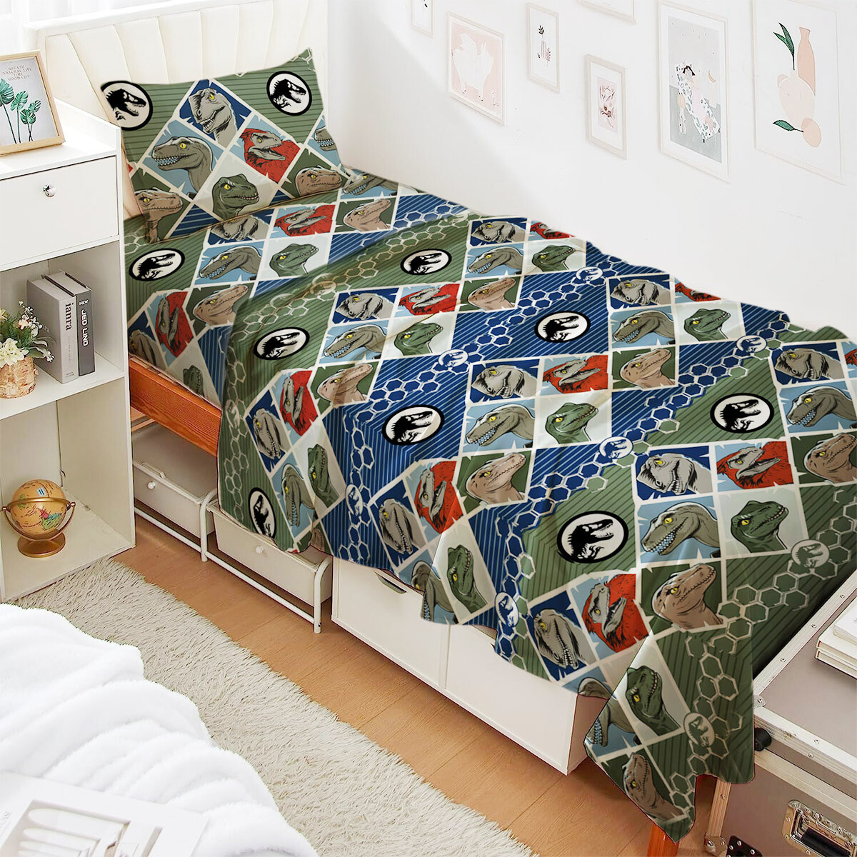 Juego Sábanas Infantil Jurassic World 1 Plaza 100% Microfibra - VERDE 