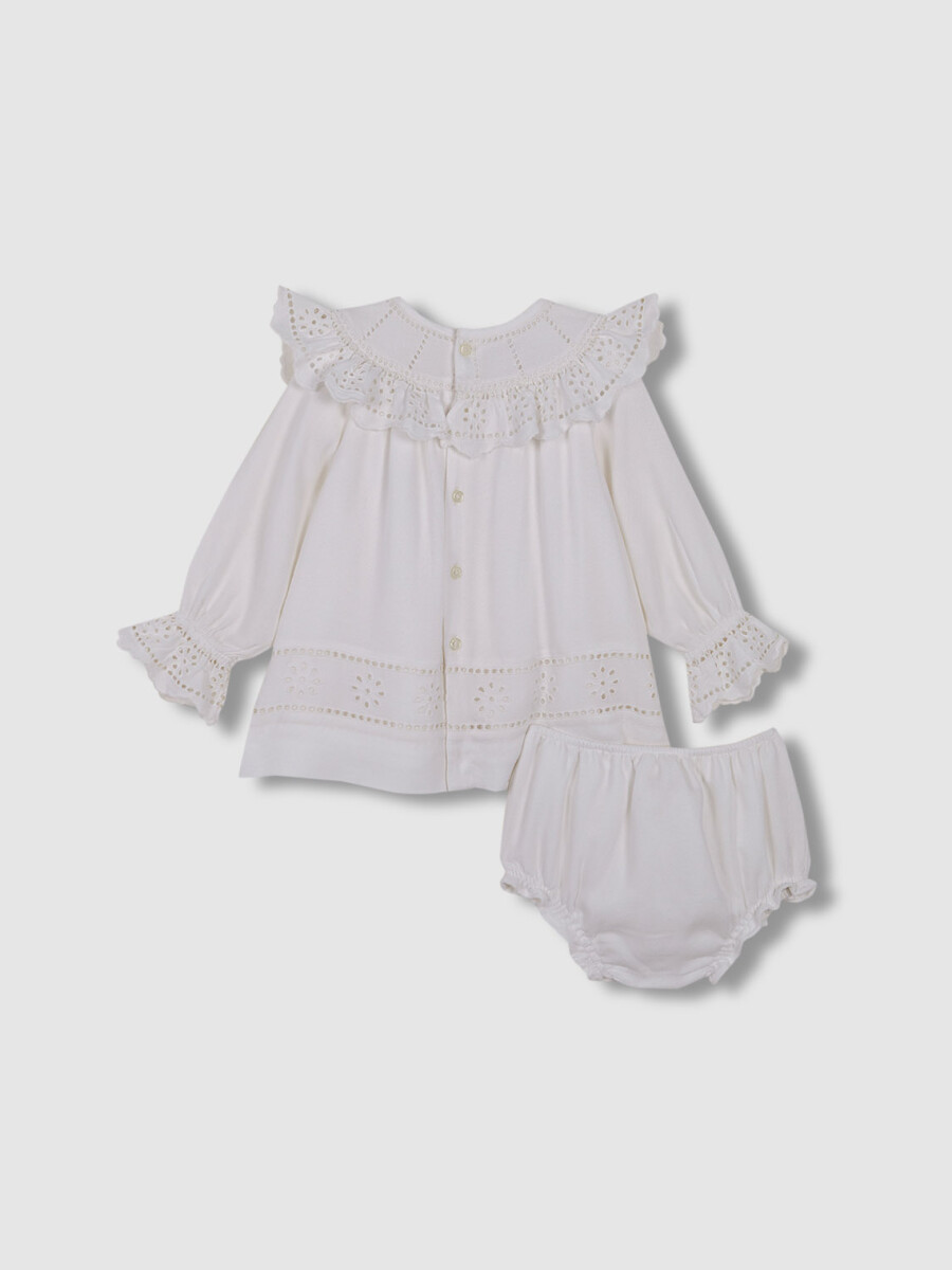 Vestido Con Bordados Blanco Roto