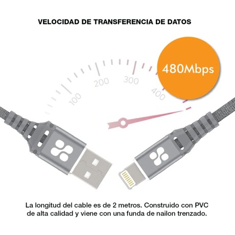Cable p/Iphone Datos y Carga Rápida 2Mt Promate NerveLink-i2 Gris