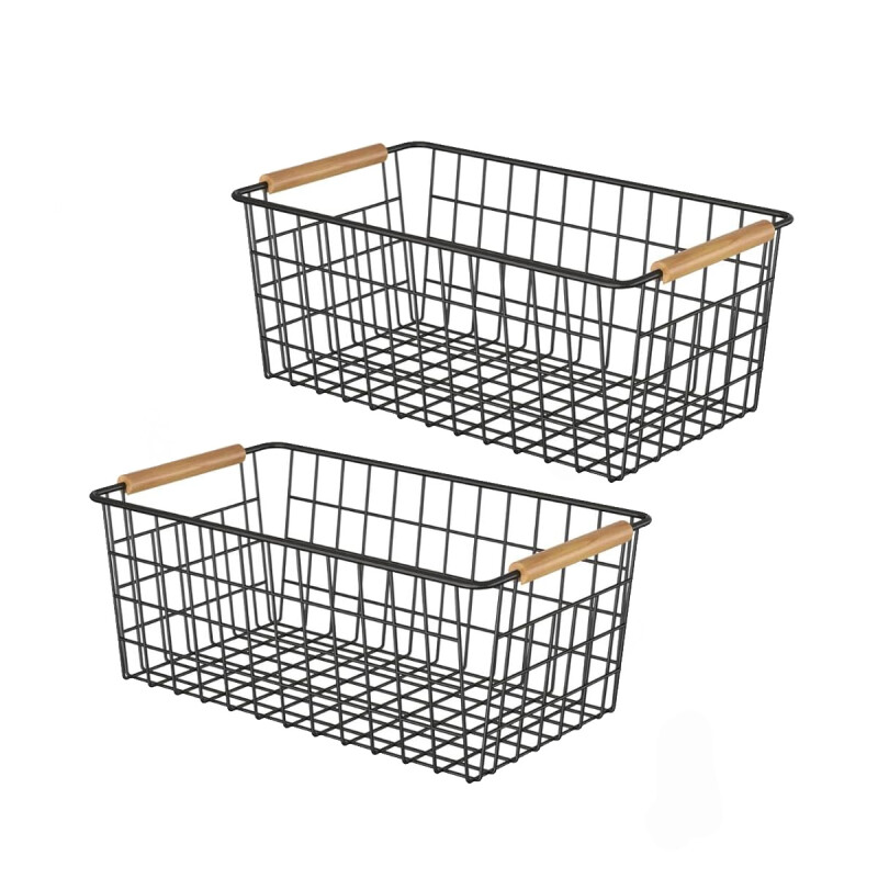 Set x2 Canasto organizador de metal asa de madera NEGRO