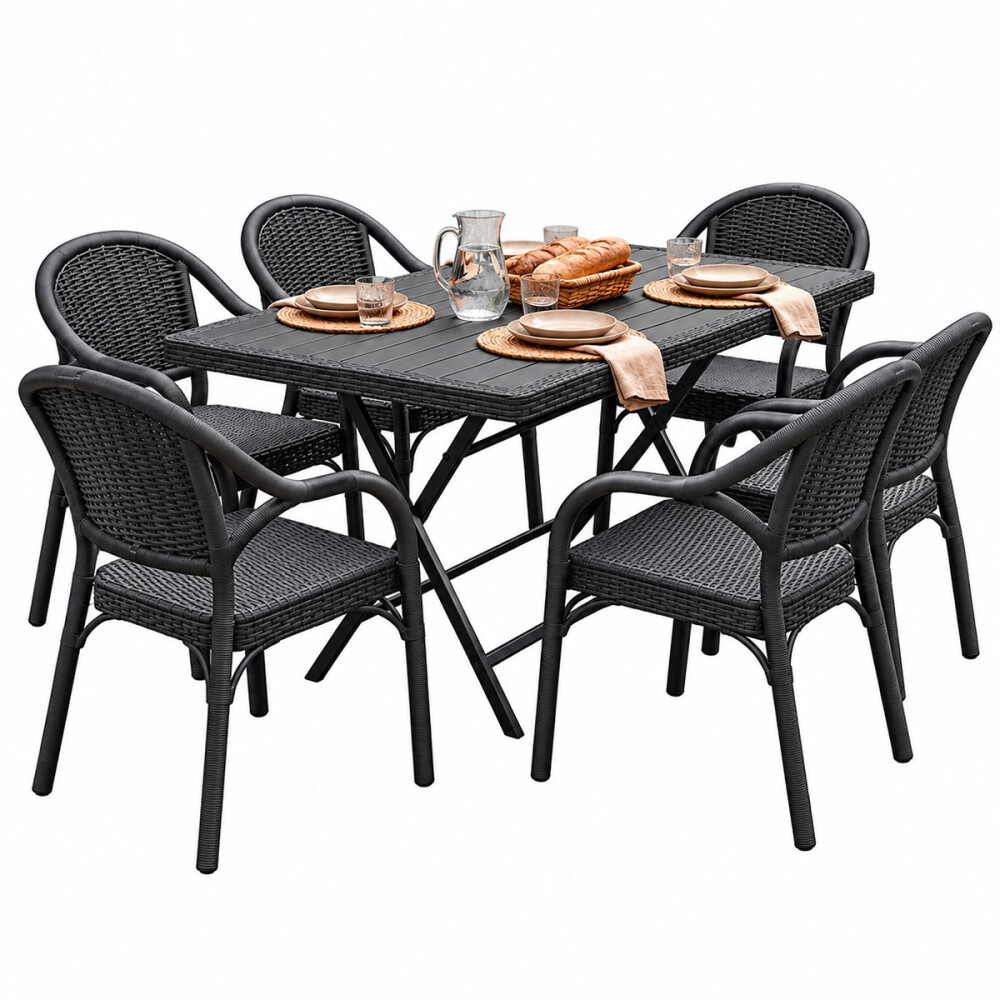 Mesa Comedor Plegable Exterior 1.20m + 6 Sillas Jardin Negro