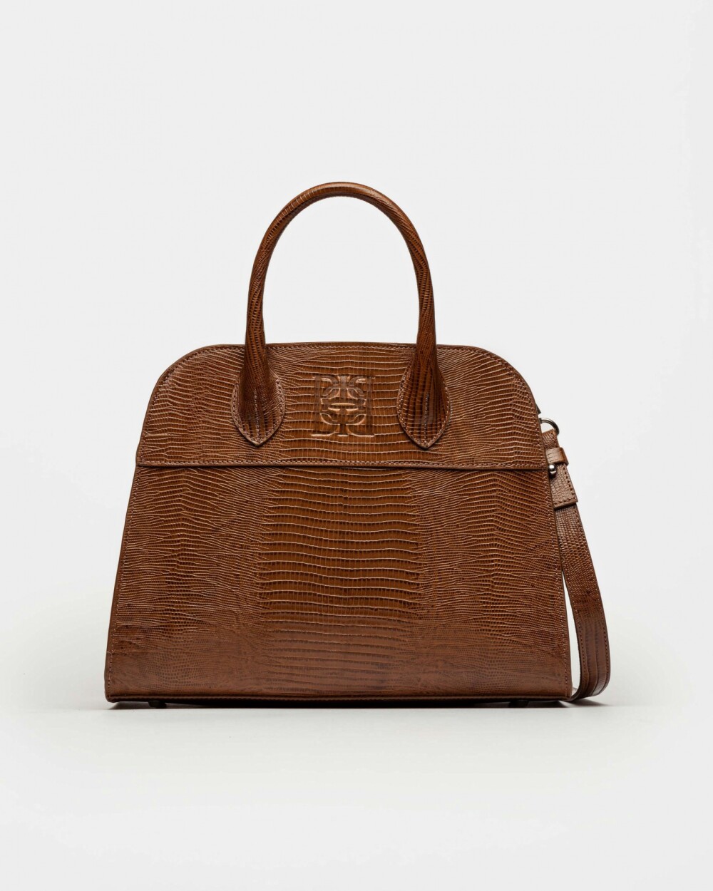 Cartera de Mano The Roots En Cuero Grabado Lagarto Tabaco