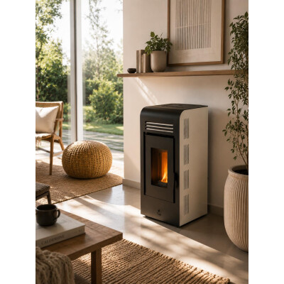 Calefactor Selma a pellet WiFi - con Kit de techo 8kW Blanco