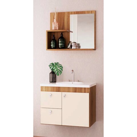 Mueble Baño Luna + Bacha + Espejo Premium 15mm Blanco Nogal Mueble Baño Luna + Bacha + Espejo Premium 15mm Blanco Nogal