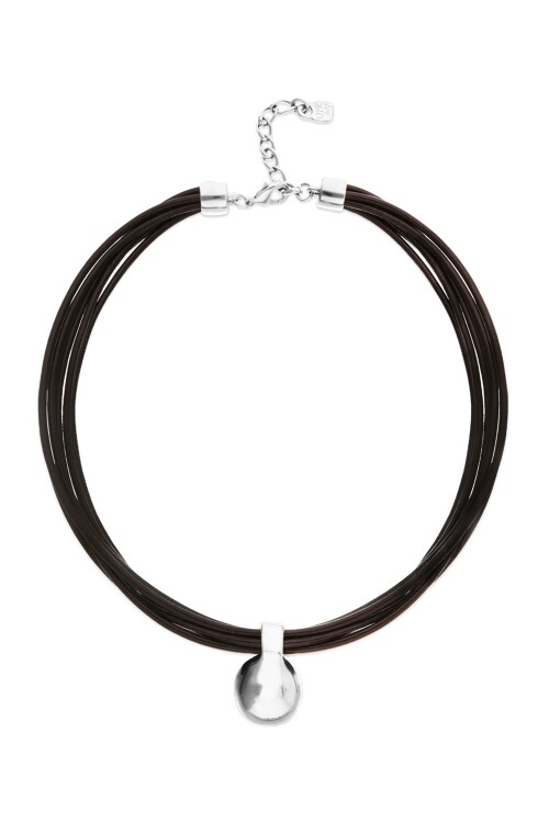 COLLAR DE CUERO CON BOLA GRANDE DE ALEACIÓN DE METALES BAÑADA PLATA DE LEY Colgante