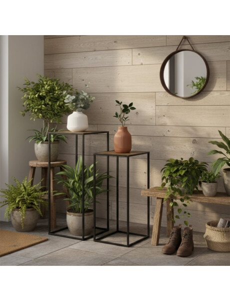 SET 2 MESAS AUX 27X27X70/23X23X60CM MADERA Y METAL SET 2 MESAS AUX 27X27X70/23X23X60CM MADERA Y METAL