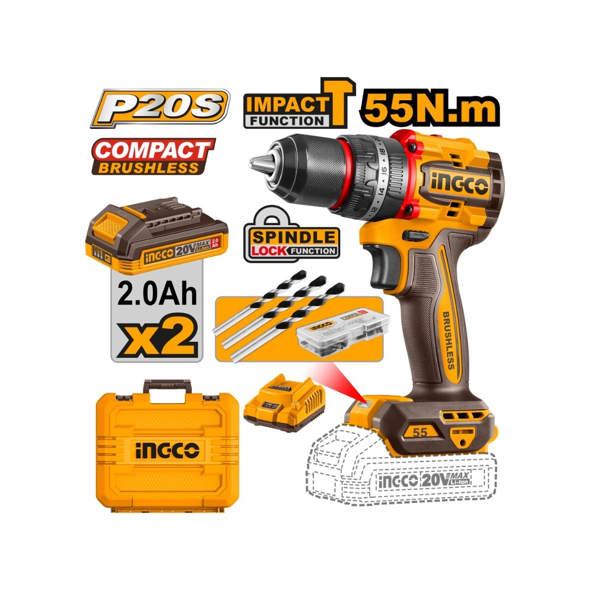 Taladro Percutor Inalámbrico INGCO CIDLI20558 20V Brushless 55 Nm con 2 Baterías y Valija 