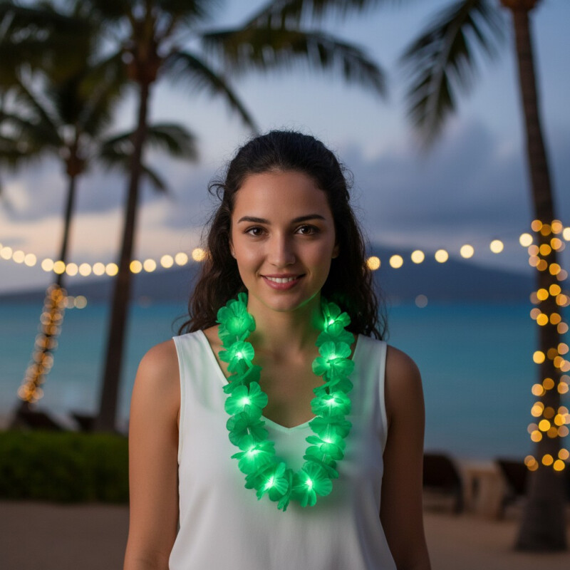 Collar Hawaiano Con Luz Liso Verde