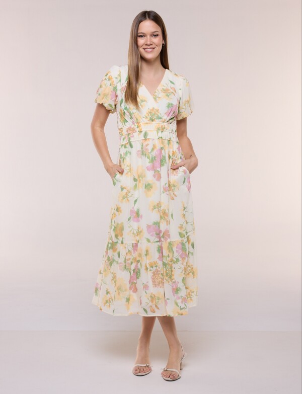 Vestido Maxi Floral Con Mangas Abullonadas AMARILLO/MULTI
