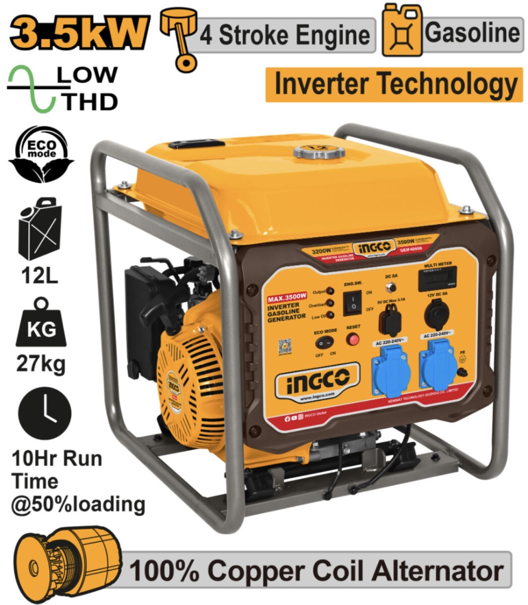 GENERADOR A GASOLINA INVERTER 3.5KW 220V 50HZ C/ DISPLAY DIGITAL Y MODO ECO INGCO GEIF40006 