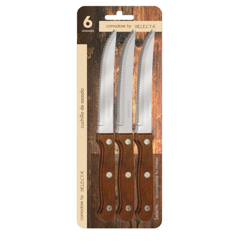 Set de 6 Cuchillos para Asado Acero Inox 1,2 mm con Mango de Madera SET 6PZAS CUCHILLOS ASADO 1.2MM MANGO MADERA