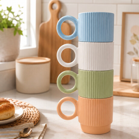 Taza de cerámica facetada con asa circular Celeste