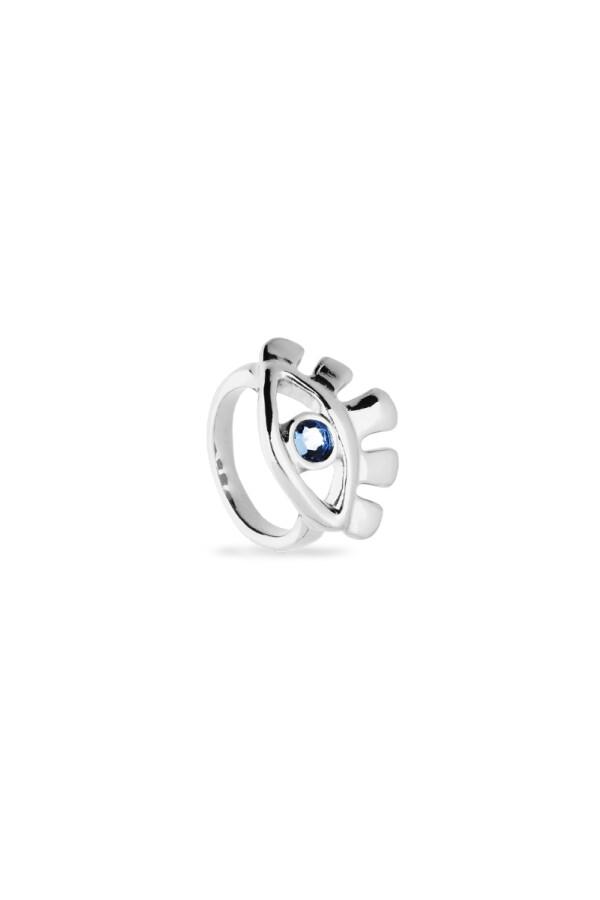 ANILLO EN ALEACIÓN DE METALES BAÑADO EN PLATA DE LEY EN FORMA DE OJO CON CRISTAL FACETADO AZUL Anillo