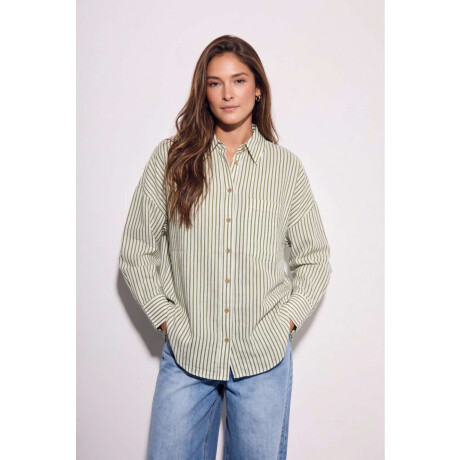 Camisa Rayada Con Lino Oliva