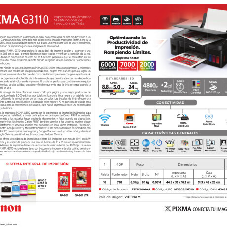 Impresora Multifunción Canon Pixma G3110 WiFi Sistema Continuo\n 001