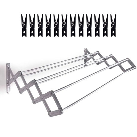 Set Mor Tendedero de Pared Plegable 5.6Mt Ropa + 12 Palillos Plateado