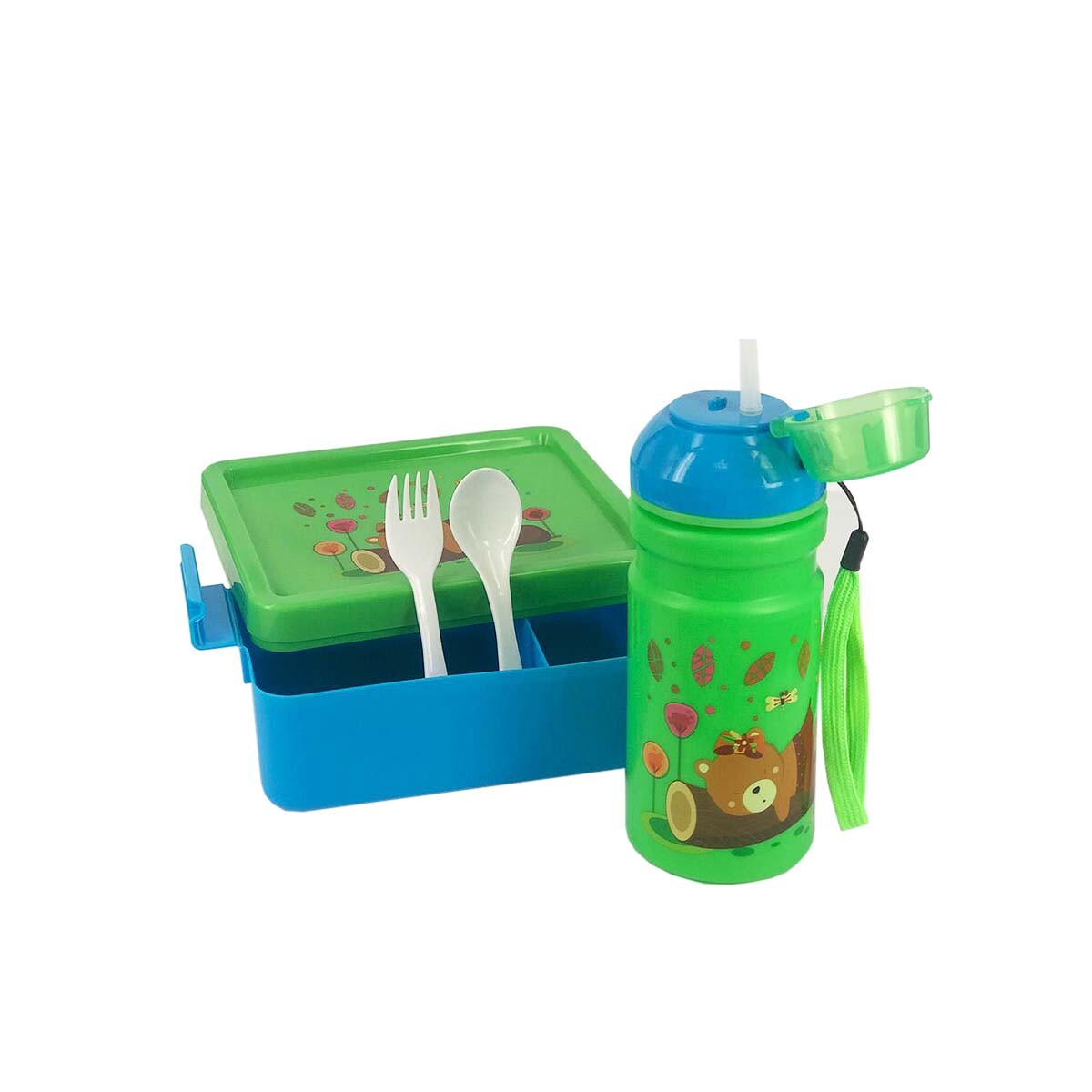 Set infantil vianda+botella+cubiertos 3 colores 