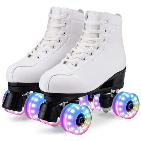 Patines 4 Ruedas Artístico Con Luces Bota De Cuero Blanca Blanco