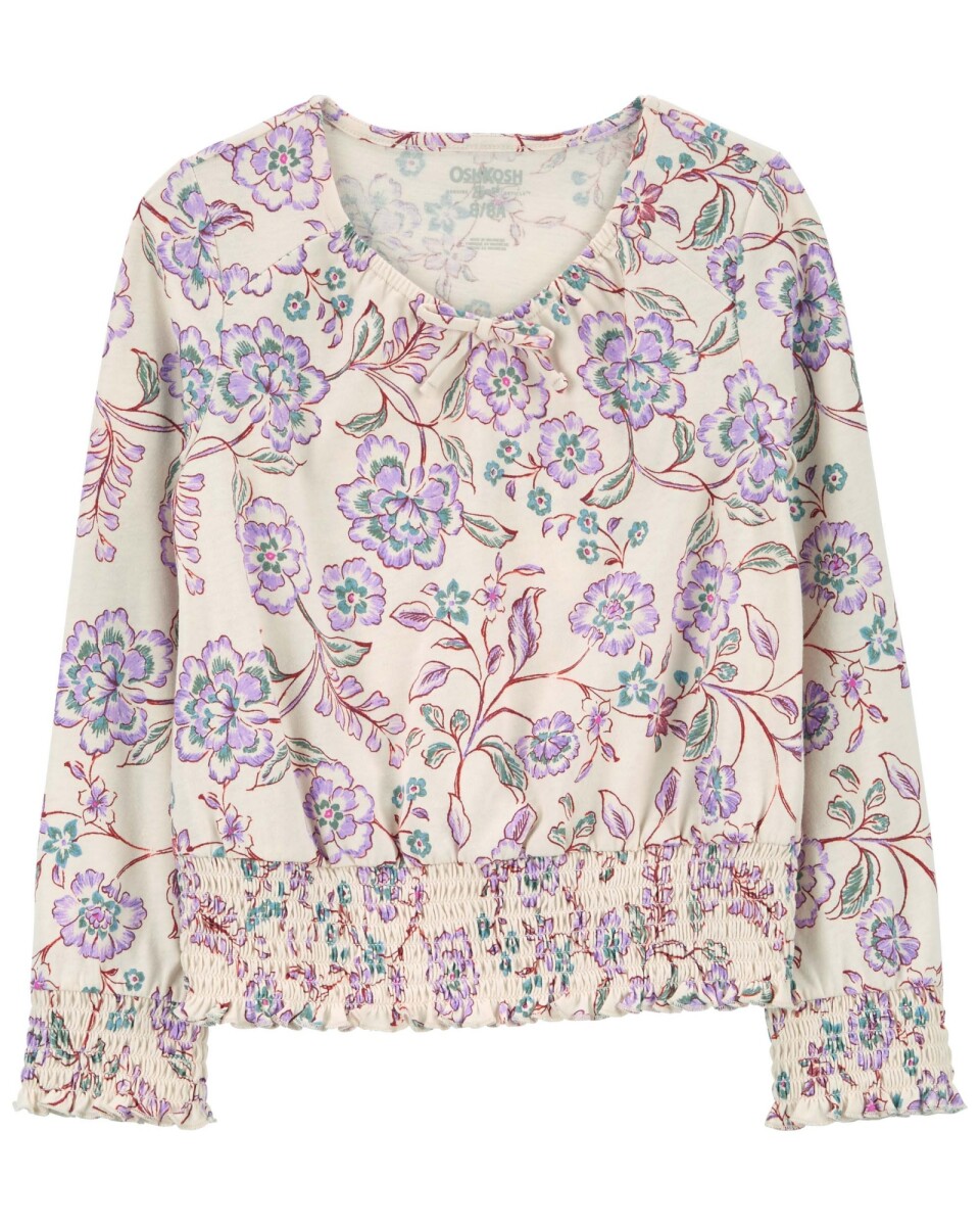 Blusa de algodón, con fruncido, diseño floral 