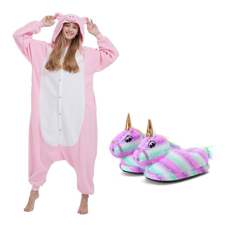 Set Adultos con Pijama Entero Cerdito + Pantuflas Unicornio Rosa