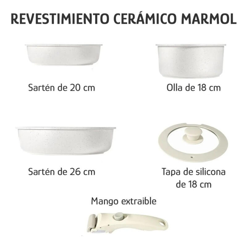 Batería De Cocina Selecta 5 Pzas Mango Extraíble Crema