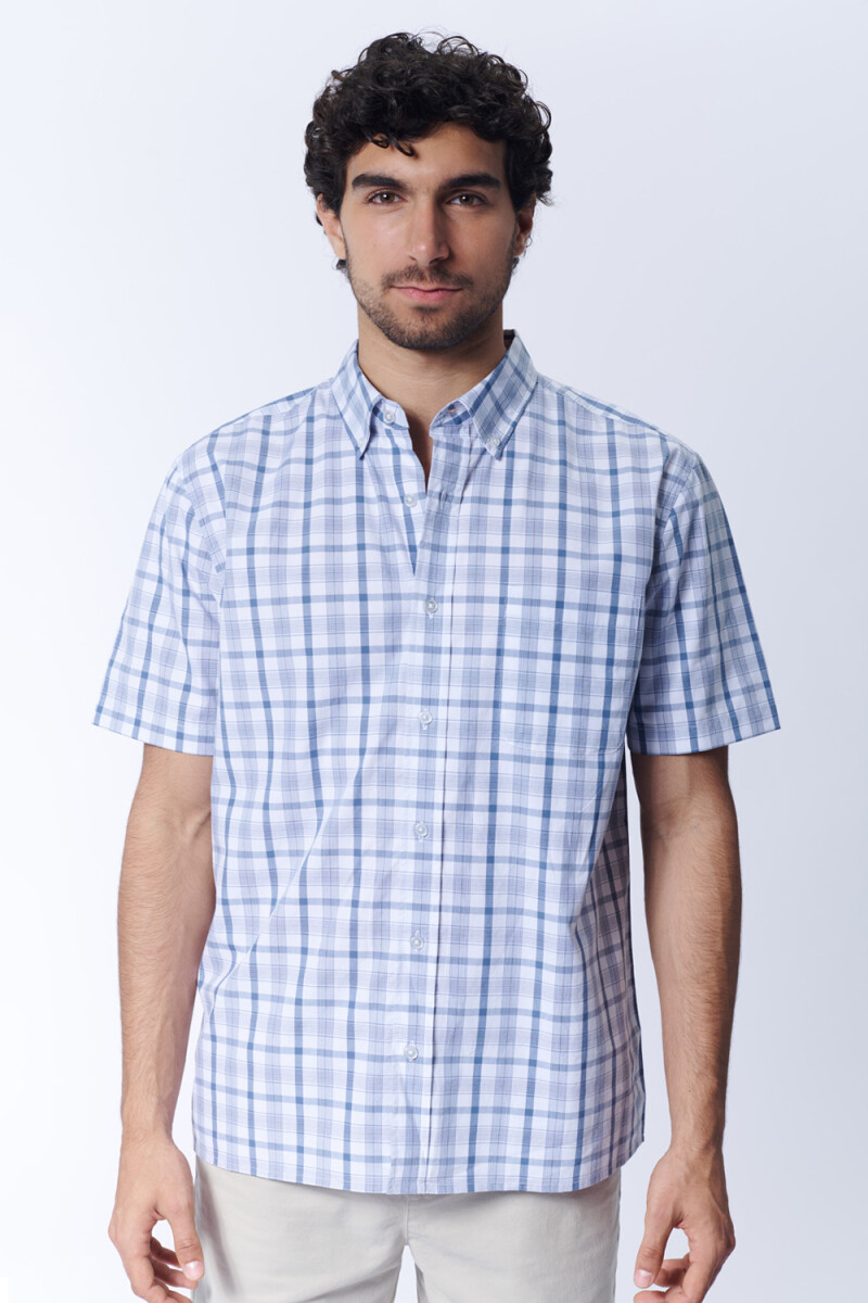 Camisa manga corta a cuadros Celeste