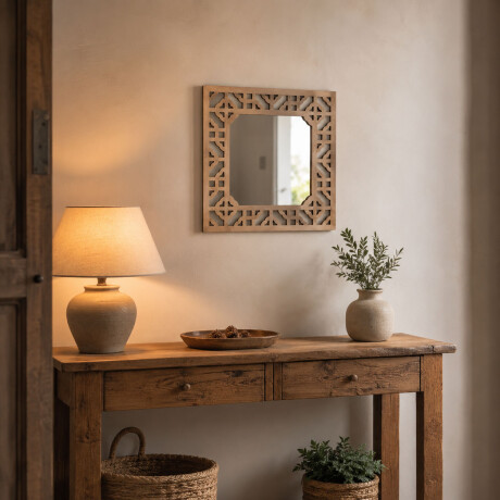 Espejo Cuadrado Colgante 40x40Cm Madera Adorno Decoración Natural