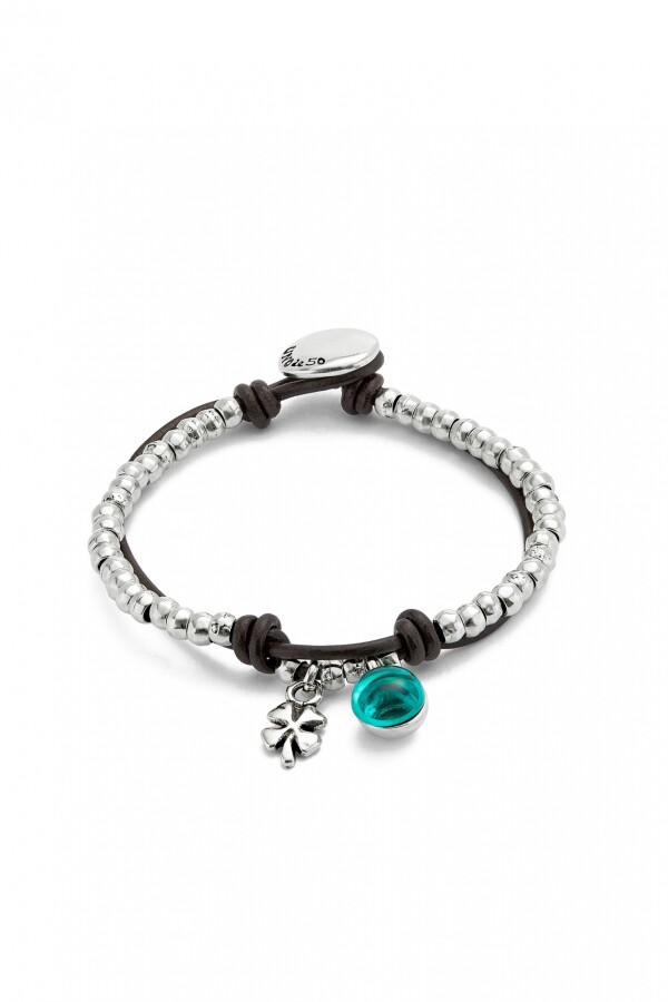 PULSERA DE BOLAS EN ALEACIÓN DE METALES BAÑADAS EN PLATA DE LEY CON CUERO Y CRISTAL DE MURANO VERDE Pulsera