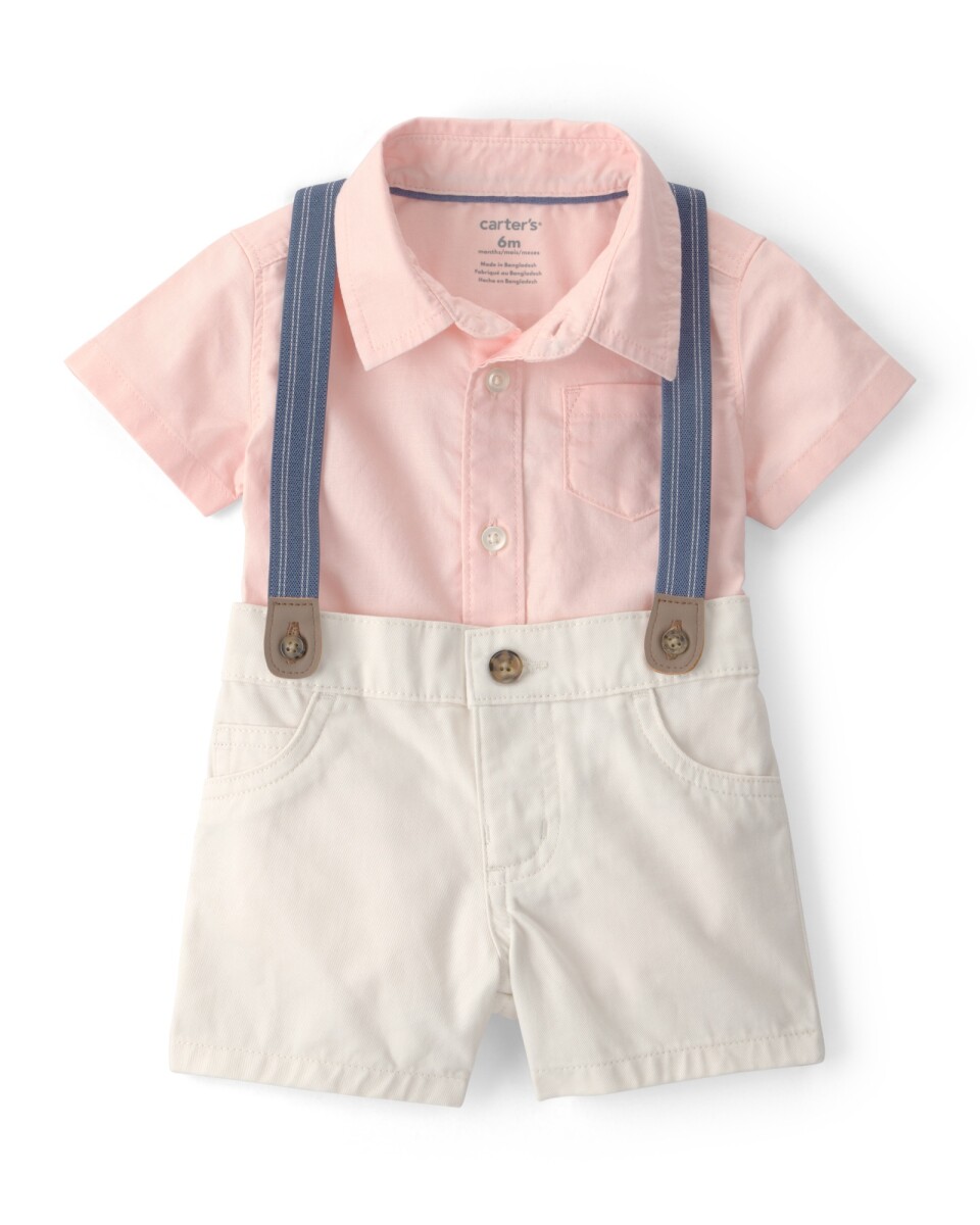 Set dos piezas de algodón, short con tiradores y body camisa rosado 